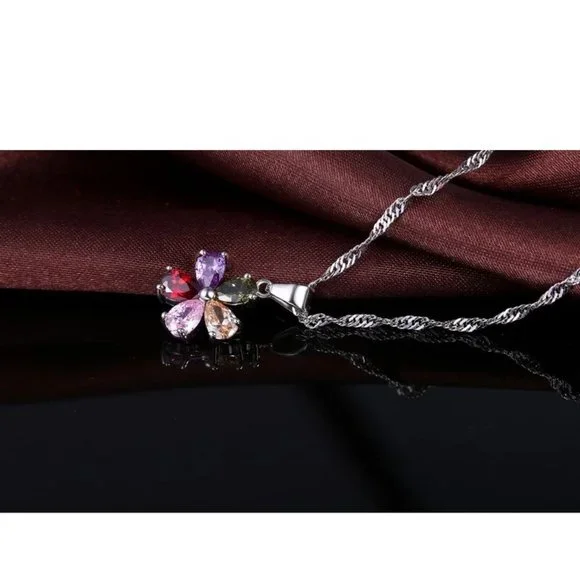 Cute Flower Multi Color 925 Sterling Silver Pendant Earrings And Necklace Set - Picture 4 of 9